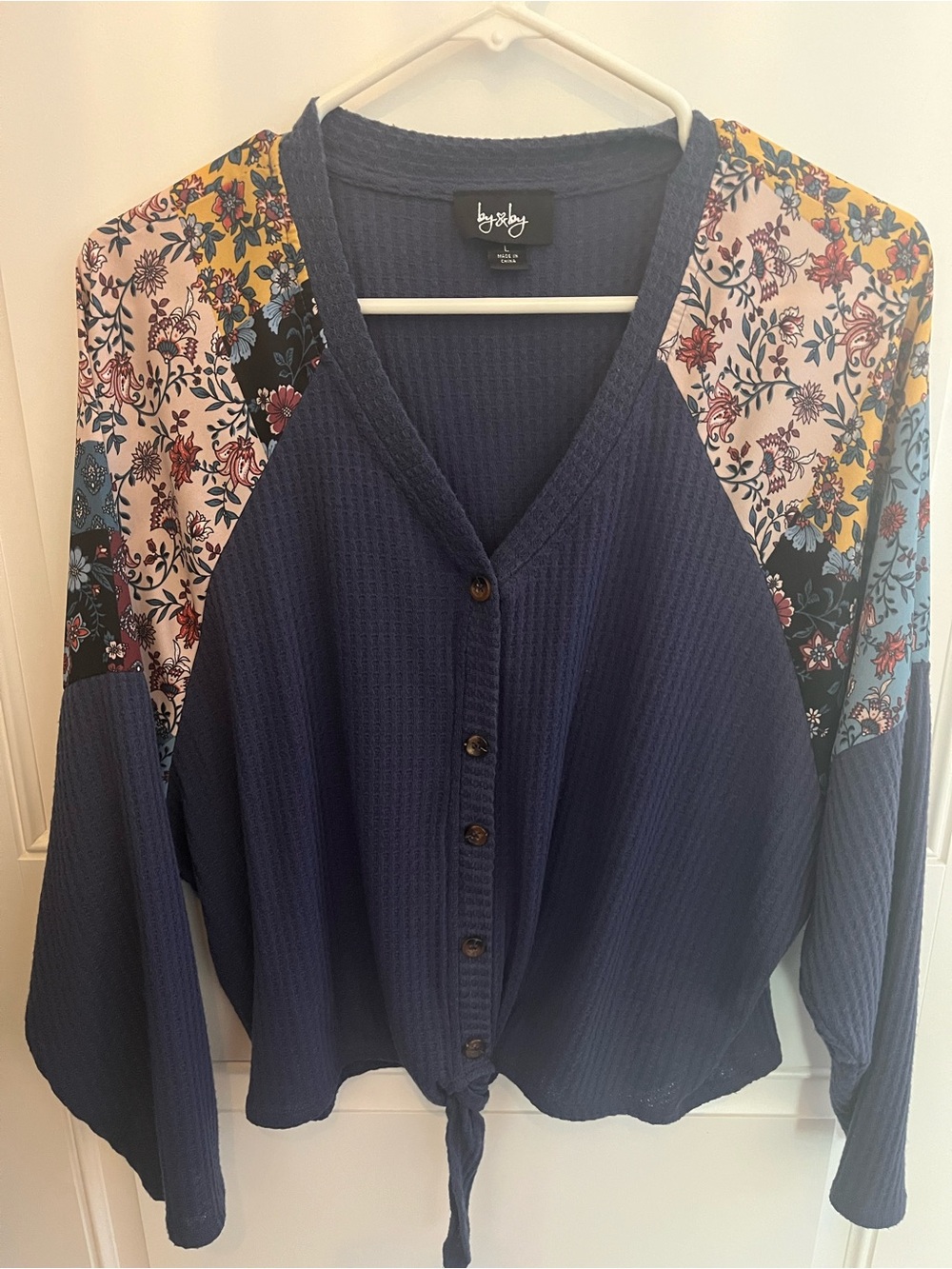 by & by Navy Button-Front Waffle Knit Top with Floral Raglan Sleeves
